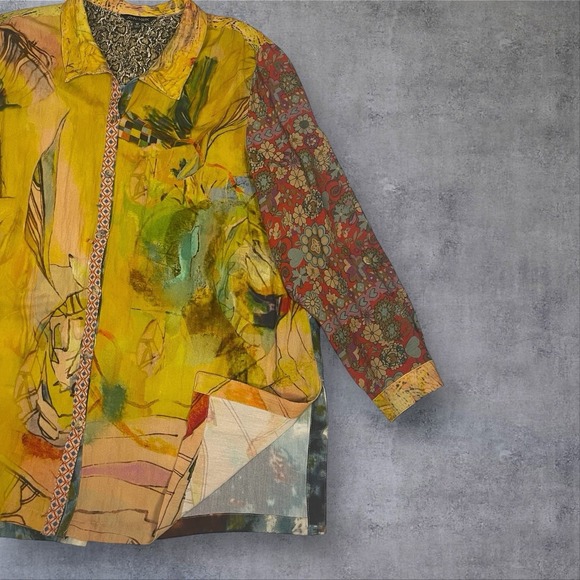 John Mark Mixed Media Button Front Tunic Blouse Womens 1X Artsy Floral Boho - Picture 3 of 10